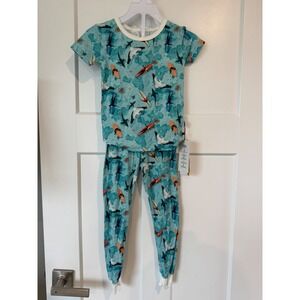 Fletch Kids Bamboo Viscose Pajama Set 3T Teal Ocean Surf Shark Pelican Print NEW